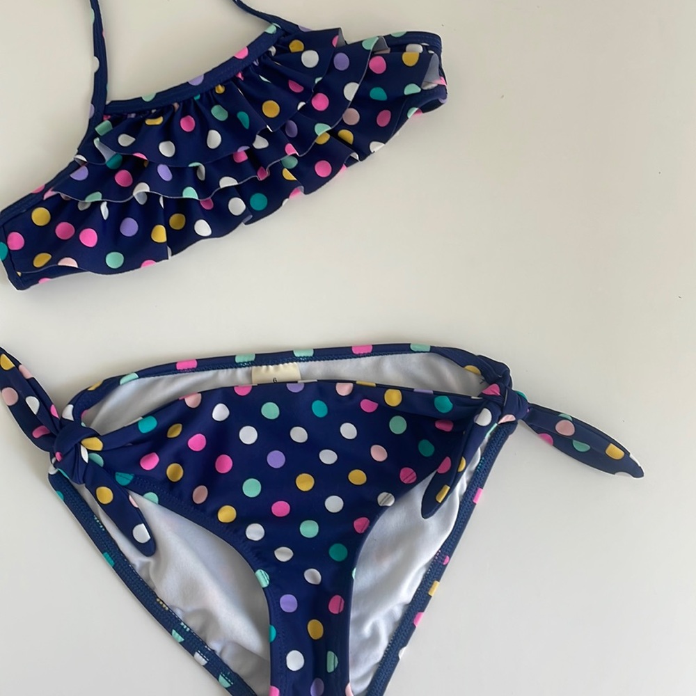 Copper Key Girls Two Piece Bikini Swimsuit- Navy Colorful Polka Dots - size 6